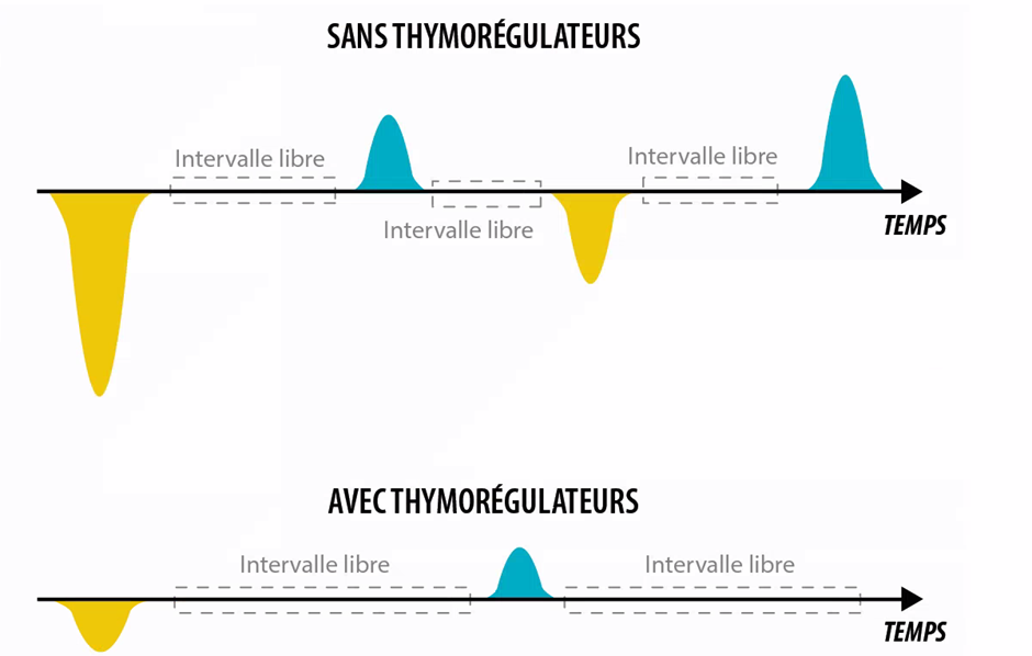 Deux graphiques superposés comparant l’évolution sur l’axe ‘Temps’. Le premier, titré ‘SANS THYMORÉGULATEURS’, montre deux creux jaunes sous l’axe et deux pics bleus au-dessus, séparés par des segments pointillés étiquetés ‘Intervalle libre’. Le second, titré ‘AVEC THYMORÉGULATEURS’, affiche un petit creux jaune au début et un pic bleu central, entourés de lignes pointillées plus longues indiquant également ‘Intervalle libre’.