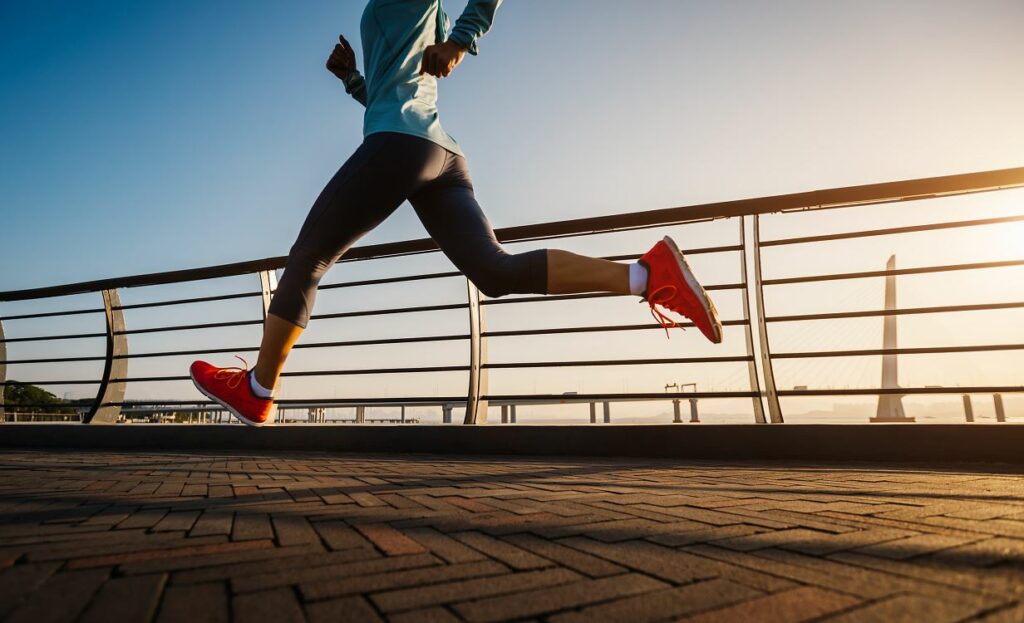 Vue latérale d’une joggeuse en tenue de running, en pleine foulée sur une passerelle urbaine au lever de soleil, chaussée de baskets de sport rouges vives.