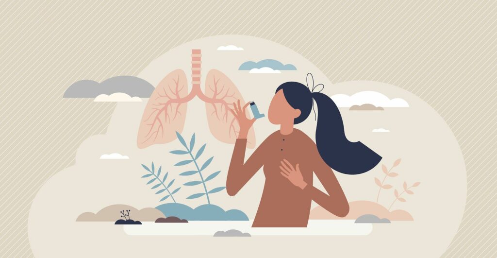 Illustration d’une femme utilisant un inhalateur devant un dessin stylisé de poumons et des plantes en arrière-plan, symbolisant la santé respiratoire.
