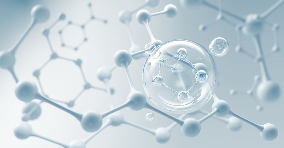 Vue en gros plan d'une structure moléculaire 3D composée de sphères blanches reliées par des tiges et entourées d'une bulle translucide, illustration futuriste de nanotechnologie.
