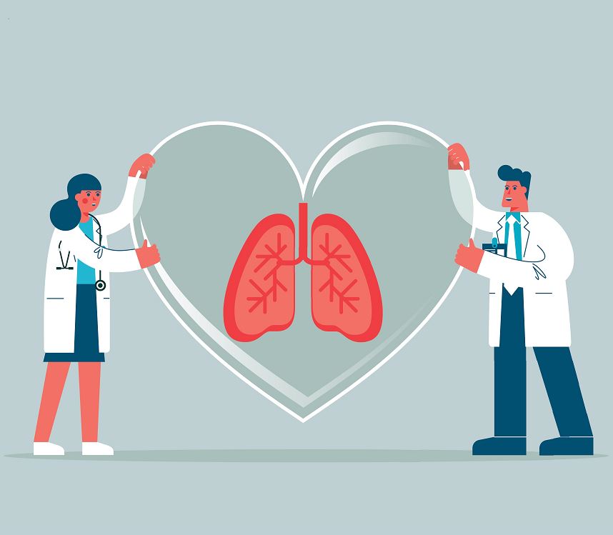Illustration de deux médecins en blouse blanche tenant un grand cœur transparent entourant une paire de poumons stylisés rouges, symbolisant la santé pulmonaire et les soins respiratoires.